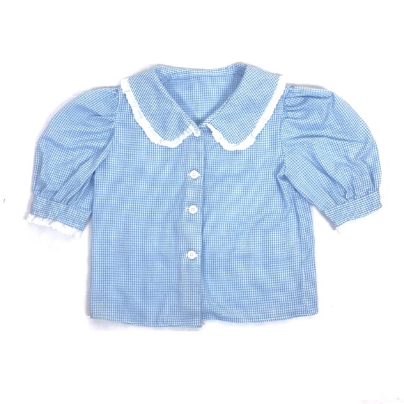 Vintage 70s blue gingham puff sleeve top girls XL